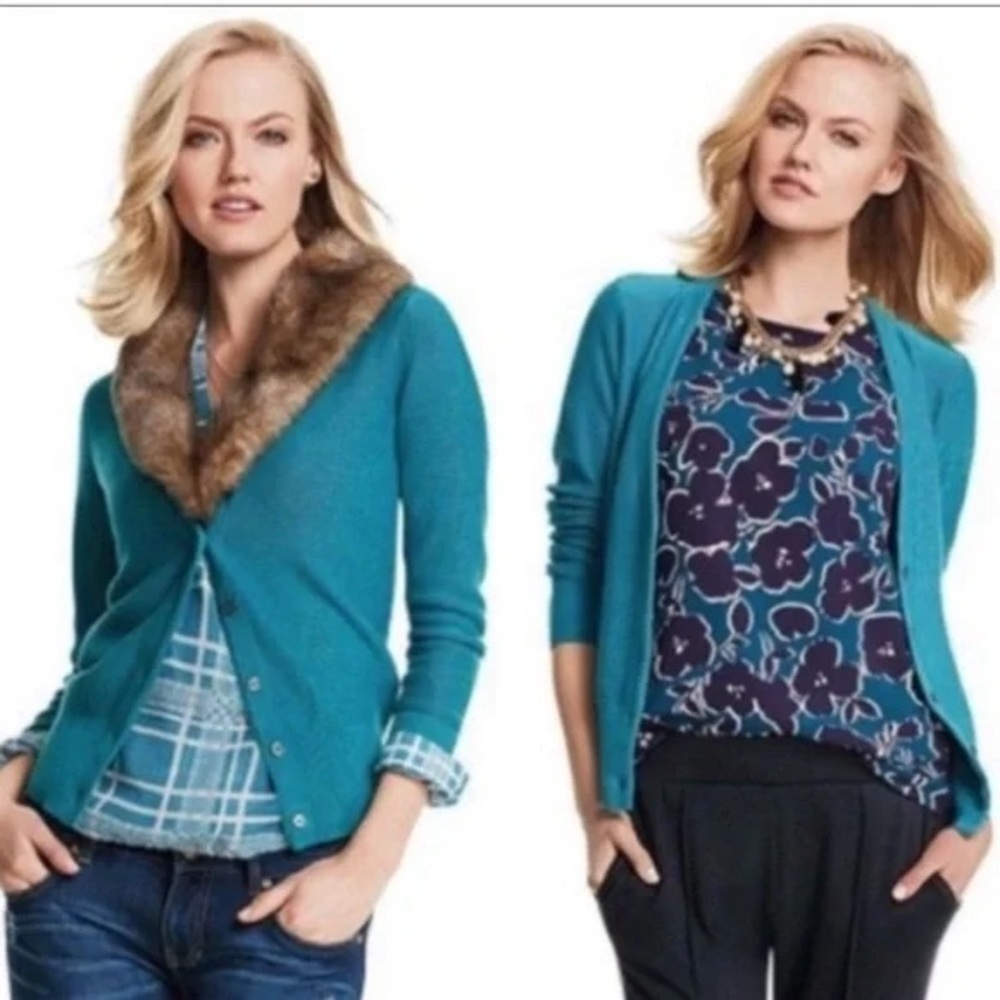 CAbi Teal Cardigan with Detachable Faux Fur Collar